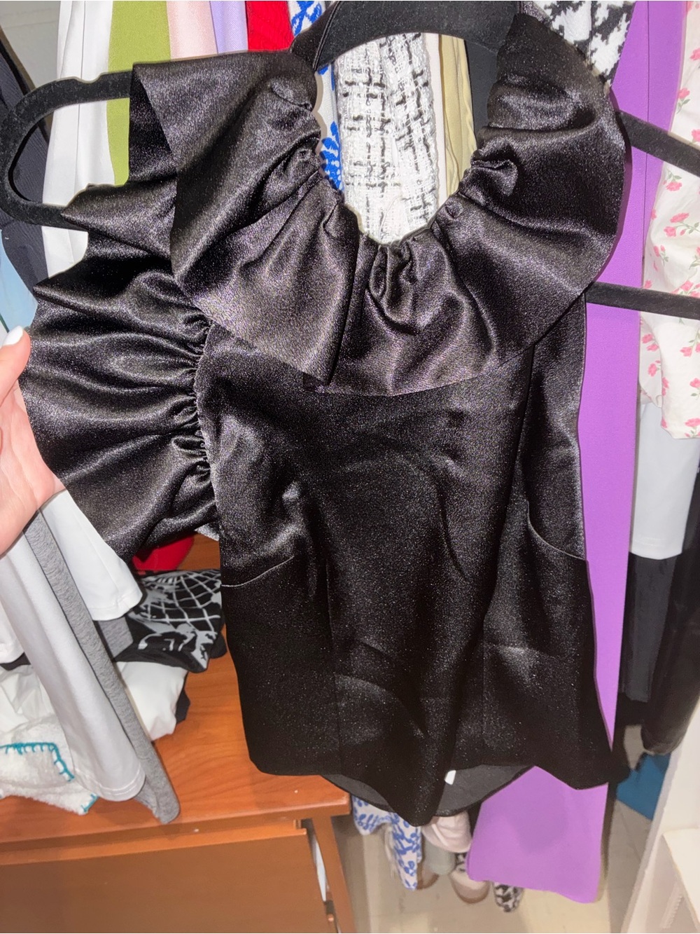 French Connection Black One-Shoulder Ruffle Satin Top